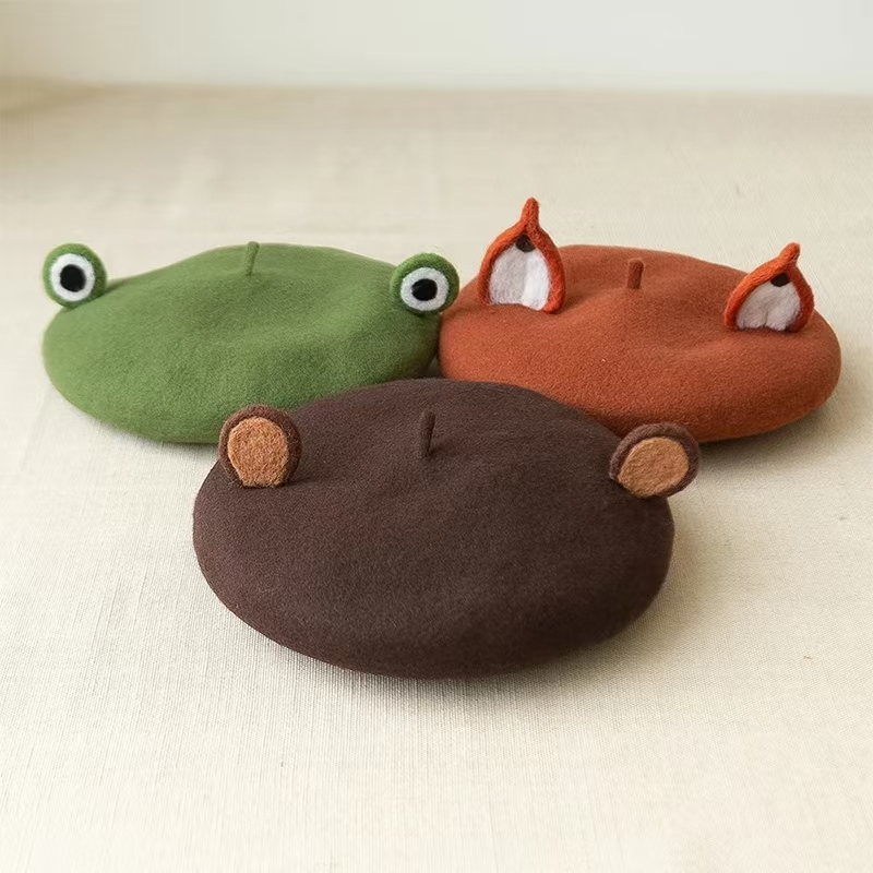 Beret French Wool - ユニセックスで可愛いカエルの大きな目のウールベレー帽、レトロな女性用冬カジュアル暖かいペインターハット、女の子の個性ギフト、フレンチベレー帽