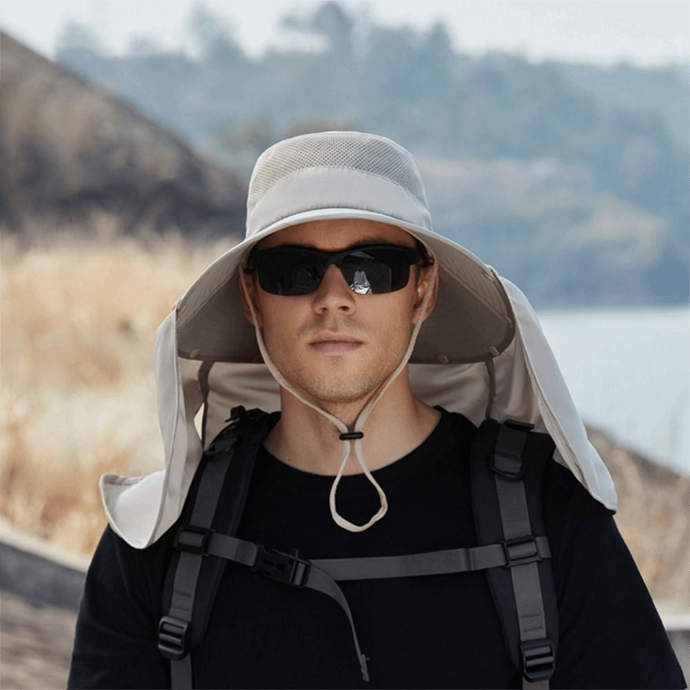 Bucket Hat Cotton - ファッション布男性用サンハット大きなつば取り外し可能なショール夏バケットハットストラップ付き紫外線防止女性用バイザーキャップビーチ