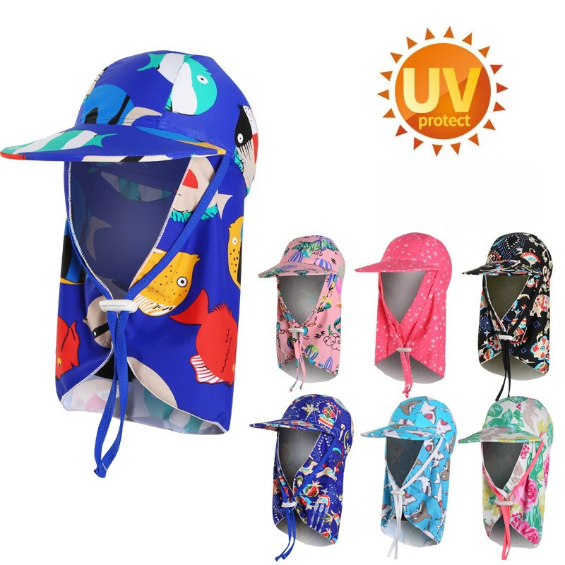 Sun Hat Wide Brim - 子供用日よけ水泳帽、つば広UVカットサンハット、ネックカバー付き、防風防砂、ビーチ水泳、UPF50+、屋外遊び用