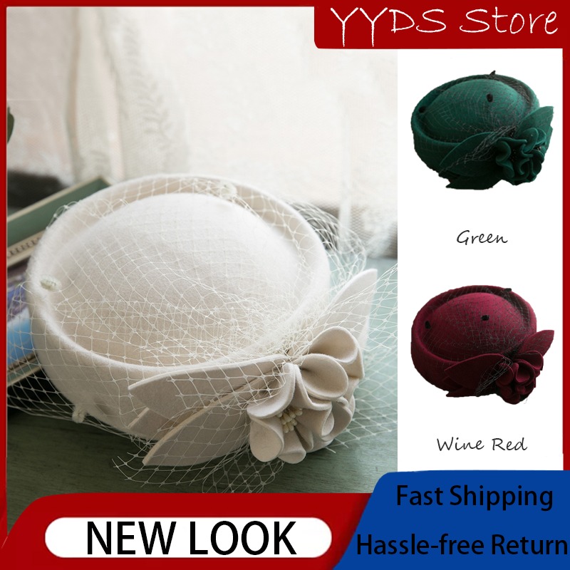 Beret French Wool - フランスのヴィンテージウールベレー帽、女性用エレガントなネットヤーンフラワーデコレーション、ヘップバーンスタイル、英国風フォーマルドレスハット、パーティー用